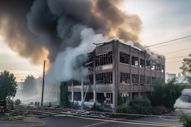 Edificio industriale con fuoco che infuria all'interno del fumo che fuoriesce dalle finestre rotte