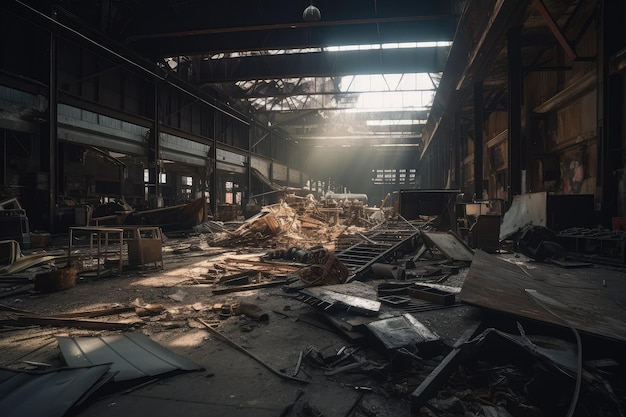 Edificio industriale distrutto circondato da detriti e attrezzature distrutte