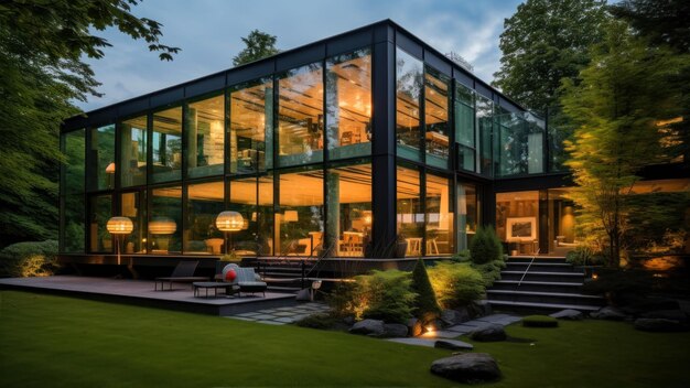 Edificio moderno con facciata in vetro e un giardino in primo piano