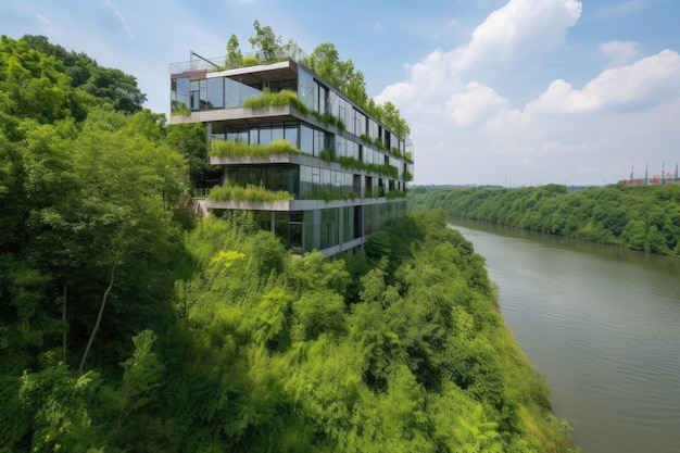 Edificio moderno con vista sul fiume o sulla baia circondato da lussureggiante verde creato con ai generativi