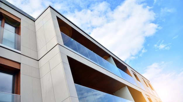 Edificio moderno in una giornata di sole con un cielo blu Facciata di un moderno edificio di appartamenti