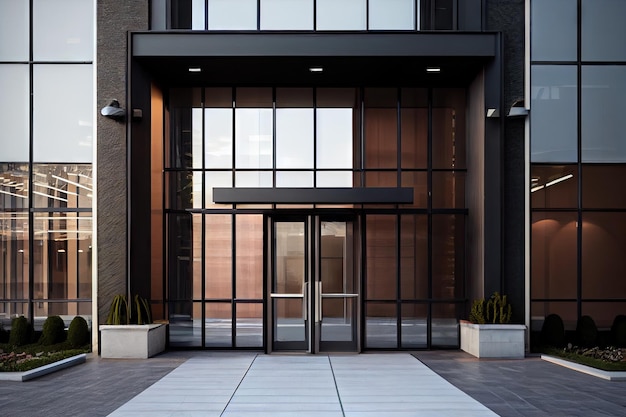 Edificio per uffici con moderne porte d'ingresso in vetro e accenti metallici creati con intelligenza artificiale generativa