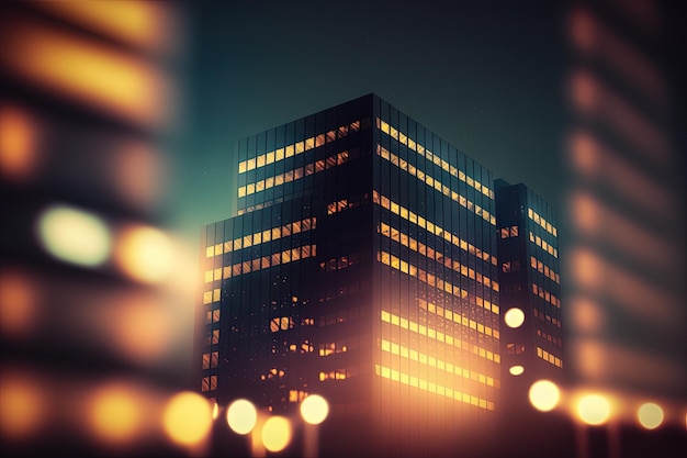 Edificio per uffici della città nella notte con illuminazione bokeh e uno sfondo astratto