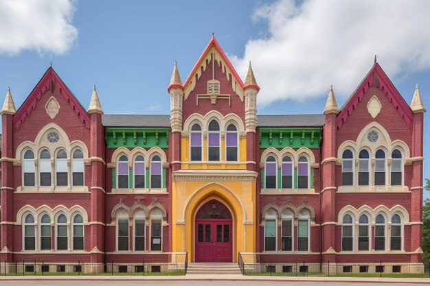 Edificio scolastico in stile rinascimentale gotico con finestre ad arco appuntito colorate