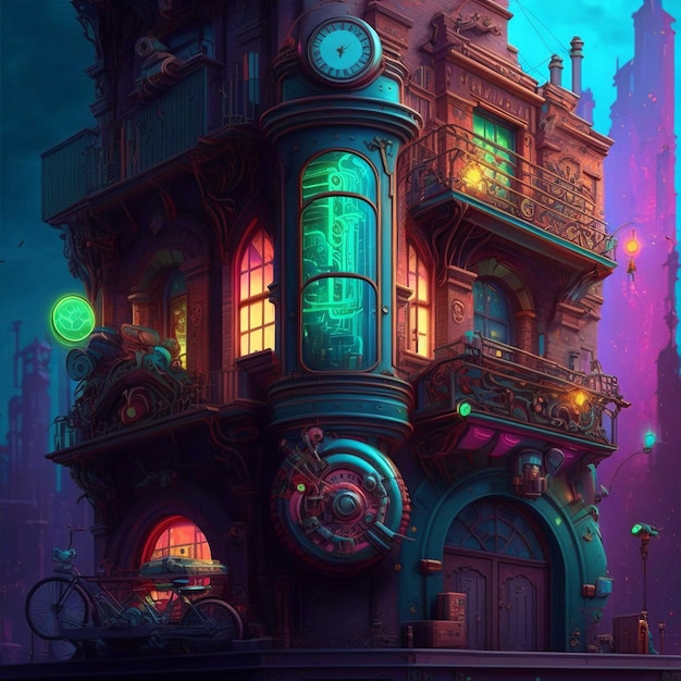 Edificio Steampunk con un orologio sul davanti