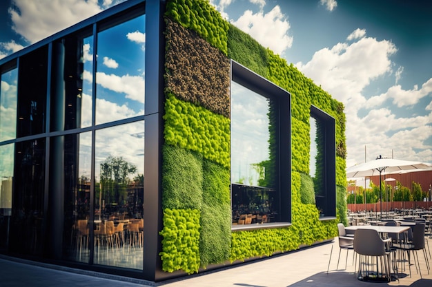 Edificio verde Caffè verde con piante idroponiche montate sulla facciata Concetto di ecologia e vita sostenibile nelle città Il verde è stato coperto da una costruzione moderna Lo sfondo è amorfo