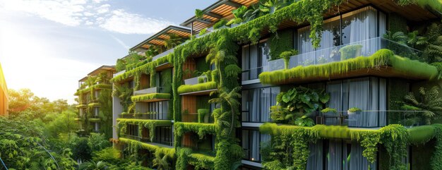 Edificio verde con piante che crescono sul lato