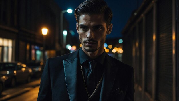 Editorial de Moda en Negro Modelo Masculino con Traje Negro en Noche de Ciudad