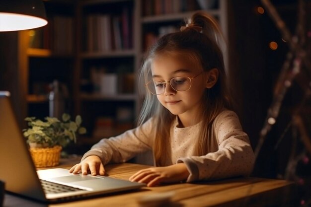 Educazione a distanza Adorabile bambina in cuffia che utilizza il laptop in cucina seduto al tavolo e mostrando il pollice in alto alla telecamera Bambina studia online con il computer IA generativa