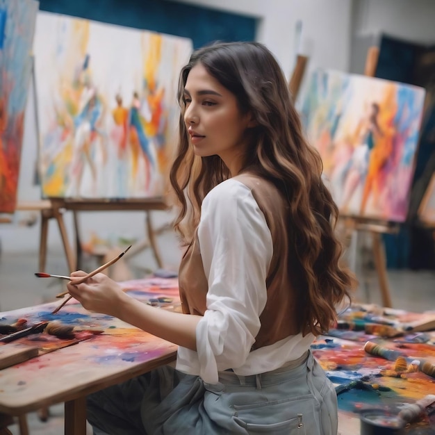 Educazione alla creatività di artisti o studenti che dipingono uno sfondo sfocato in movimento