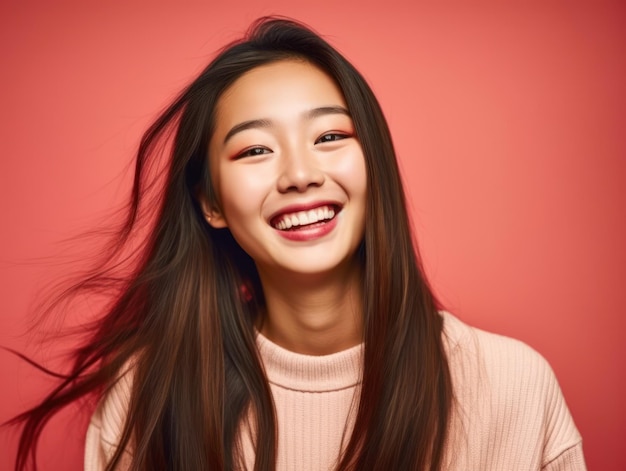 Educazione delle ragazze asiatiche La bella ragazza asiatica felice sta sorridendo sul colore di sfondo