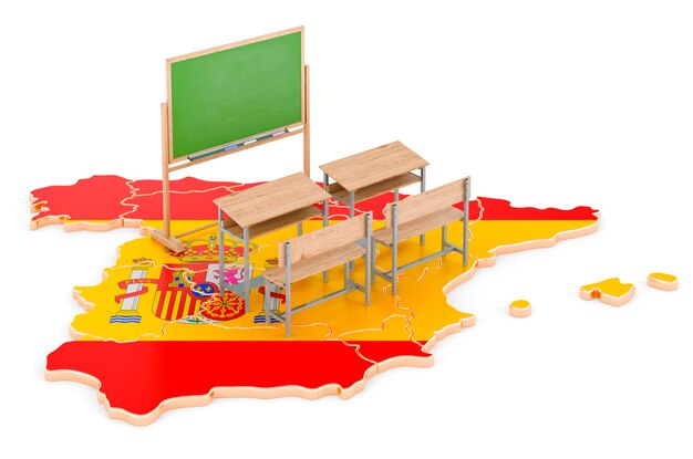 Educazione in Spagna concetto Scuole scrivanie e lavagna sulla mappa spagnola rendering 3D