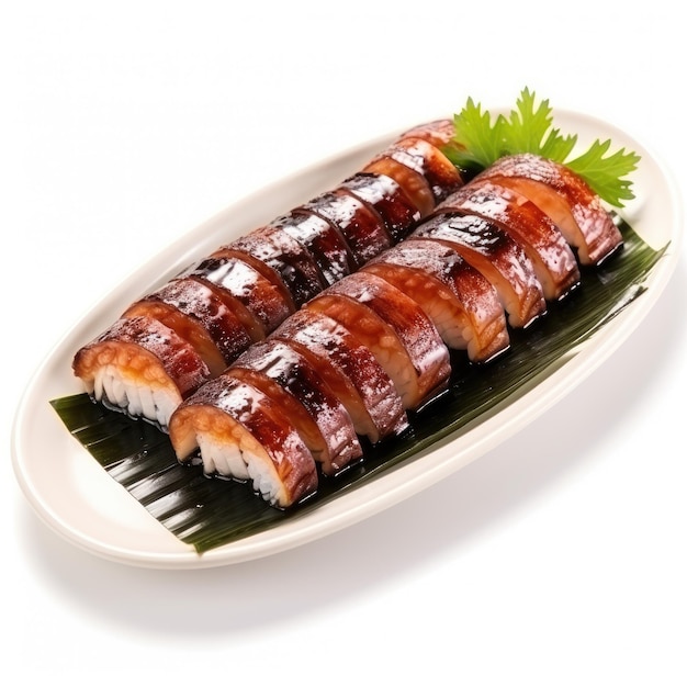 Eel nigiri sushi stile alimentare giapponese in piatto o ciotola vista superiore su sfondo bianco