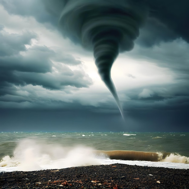 effetti realistici di enormi tempeste di tornado sull'acqua dell'oceano vista dalla spiaggia