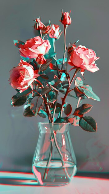 Effetto 3D anaglifico su rose rosa in un vaso di vetro