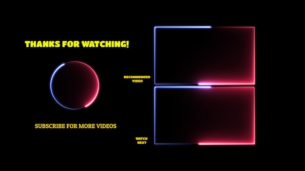 Effetto di fotogramma al neon sullo schermo finale con anello luminoso su sfondo nero