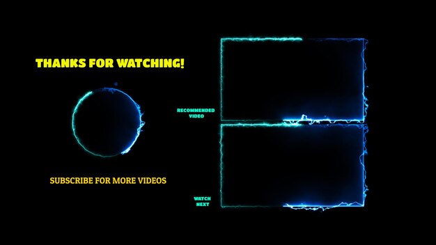 Effetto di fotogramma al neon sullo schermo finale con anello luminoso su sfondo nero