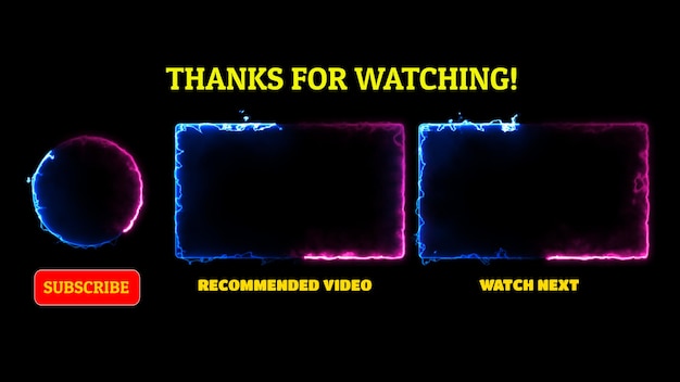 Effetto di fotogramma al neon sullo schermo finale con anello luminoso su sfondo nero