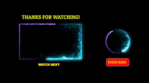 Effetto di fotogramma al neon sullo schermo finale con anello luminoso su sfondo nero