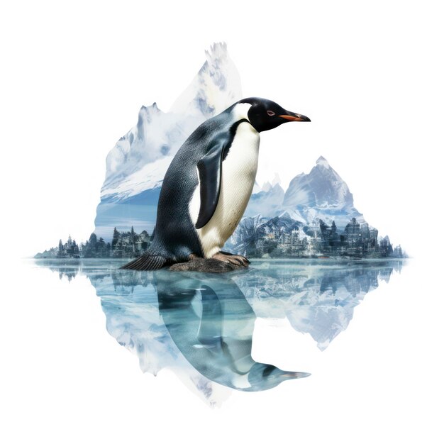 Effetto doppia esposizione del pinguino e dell'Antartide