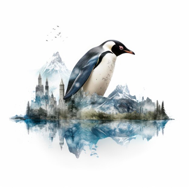 Effetto doppia esposizione del pinguino e dell'Antartide