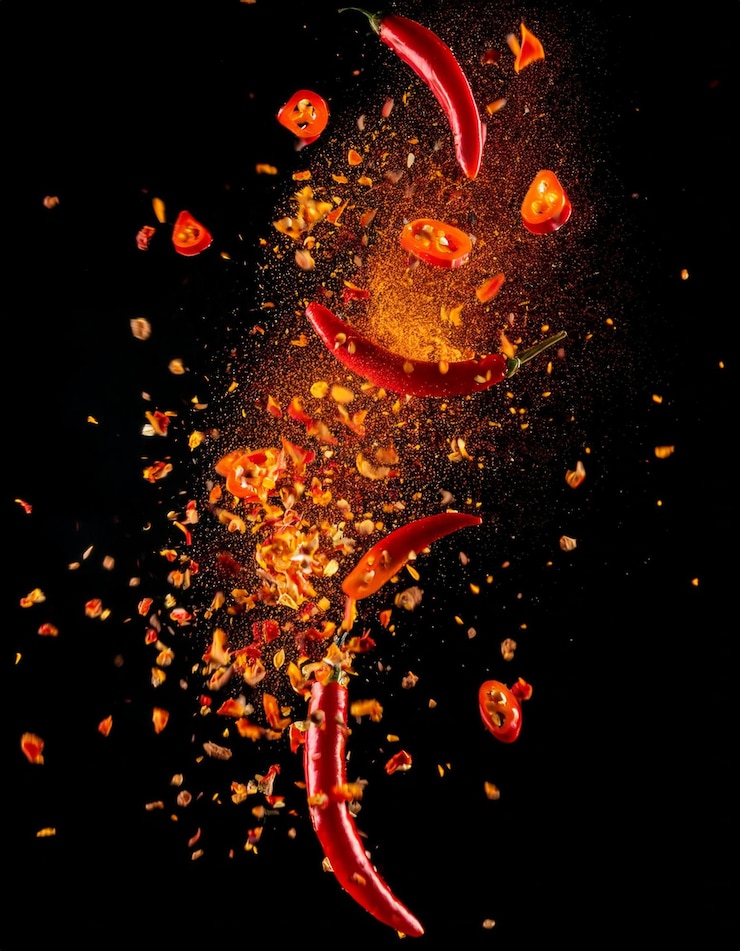 Foto effetto foto con pezzi di peperoncino che esplodono a caso sparsi con un po' di fuoco