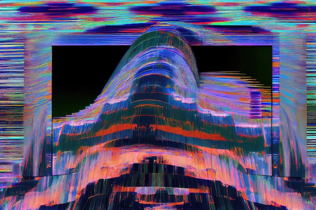 Effetto glitch digitale di un monitor che visualizza immagini statiche e distorte