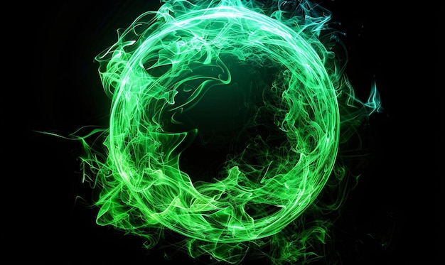 effetto luce magico fuoco verde plasma portale energia vortice cerchio luce isolato su sfondo nero
