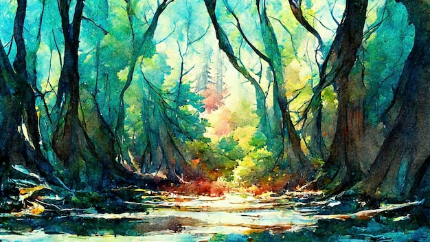 Effetto vernice acquerello Alba autunnale sopra la foresta caduta valle colorata piena di nebbia densa colorata con raggi di sole caldi