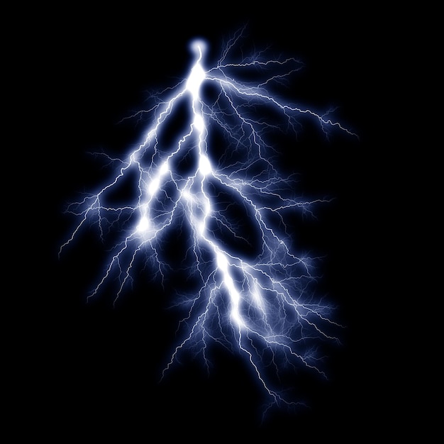 Effetto visivo del fulmine elettrico realistico isolato su sfondo nero notturno