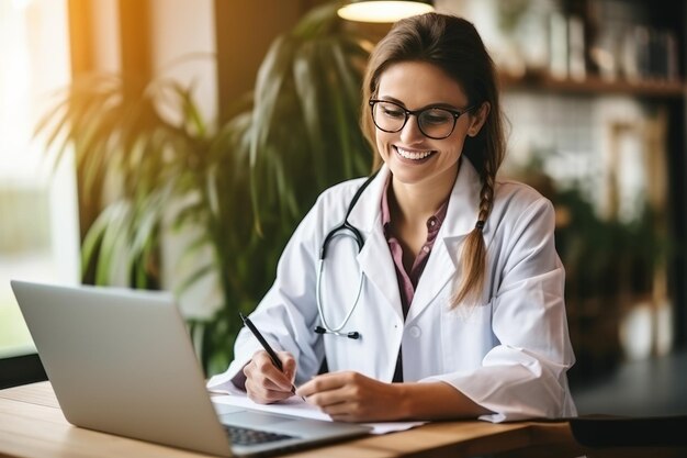 Efficiente multitasking Una dottoressa sorridente in azione Gioclaggio con le storie dei pazienti e online Lea