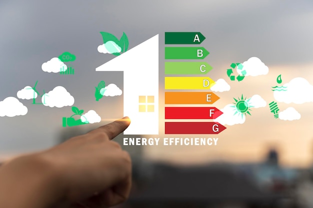 Efficienza energetica e concetto di energia verde La mano della donna tocca i simboli di efficienza energetica con le turbine eoliche