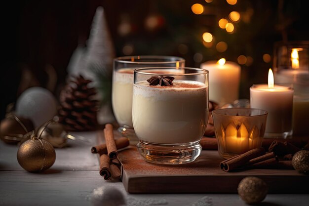 Eggnog natalizio con uova fritte cannella e noce moscata Bevanda di Natale AI generativa