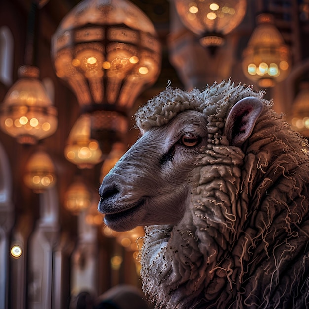 Eid al Adha Mubarak festa islamica del sacrificio con luci islamiche e background di pecore