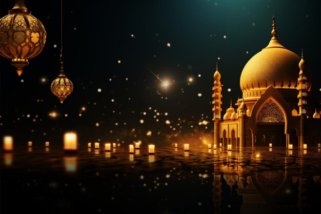 Eid Al Adha Mubarak in oro con lanterne e particelle tradizionali radianti