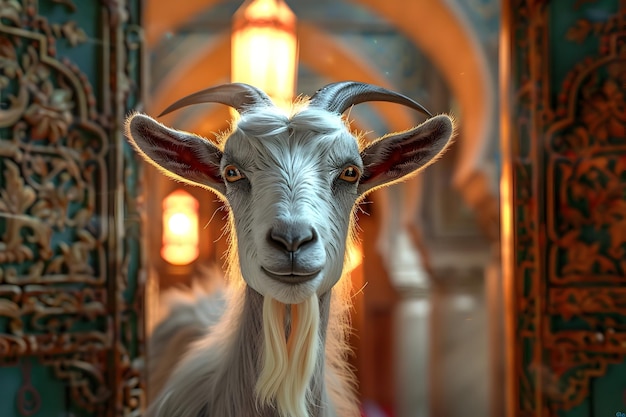Eid al adha sullo sfondo capra con lanterna islamica sullo sfondo design della carta di auguri Eid al Adha