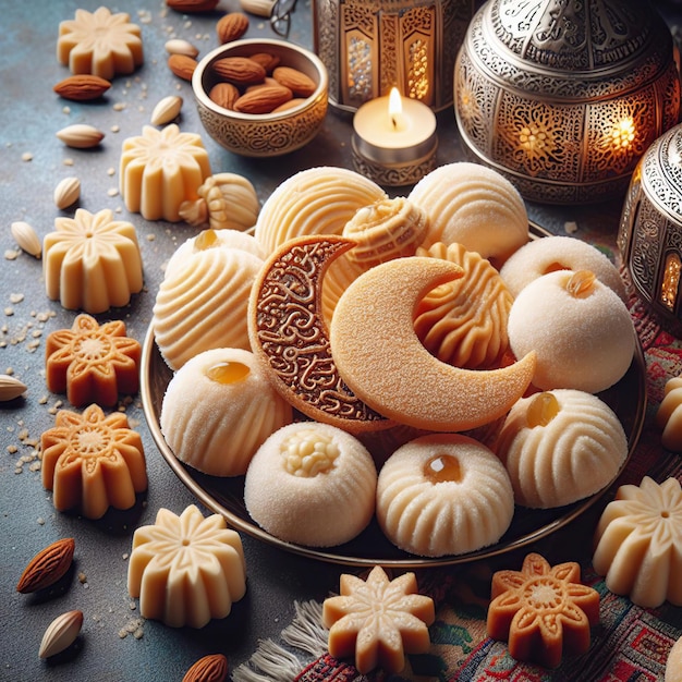 Eid al Fitr addolce un piatto di biscotti con una luna a forma di cuore e una candela a forma di stella