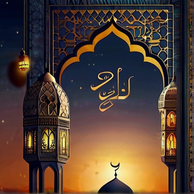 Eid al fitr lanterna 3D e moschea con luna 3D con notte bella Eid Mubarak sfondo