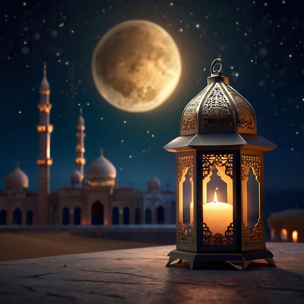 Eid al fitr lanterna 3D e moschea con luna 3D con notte bella Eid Mubarak sfondo