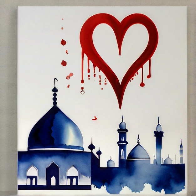 Eid al fitr Pittura a inchiostro squisita su mosqur islamico e luna sullo sfondo di carta bianca pura