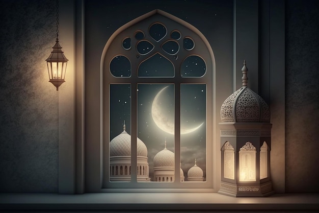 Eid al fitr sfondo della finestra con moschea Ramadan kareem eid mubarak lanterna islamica su un tavolo