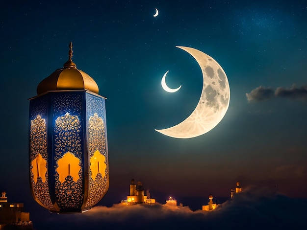 Eid alfitr delle lanterne luna con uno sfondo