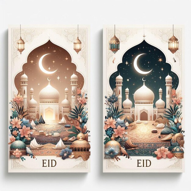 Eid Card desidera un libro con una luna e fiori su di esso