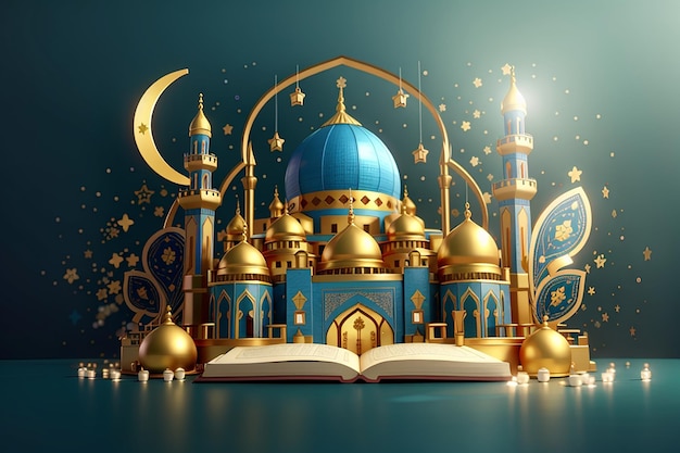 Eid Mubarak 3D Toy Concept Banner con la Moschea d'Oro e il Corano