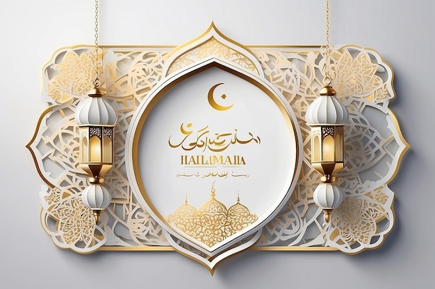 Eid Mubarak Arabo Islamico Elegante Bianco Lussuoso Ornamentale Carta di auguri Sfondio con disegno arabo