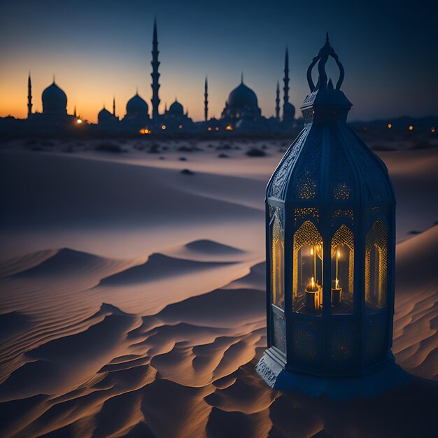 Eid mubarak biglietto di auguri con lanterna 3d nel deserto Generato da AI