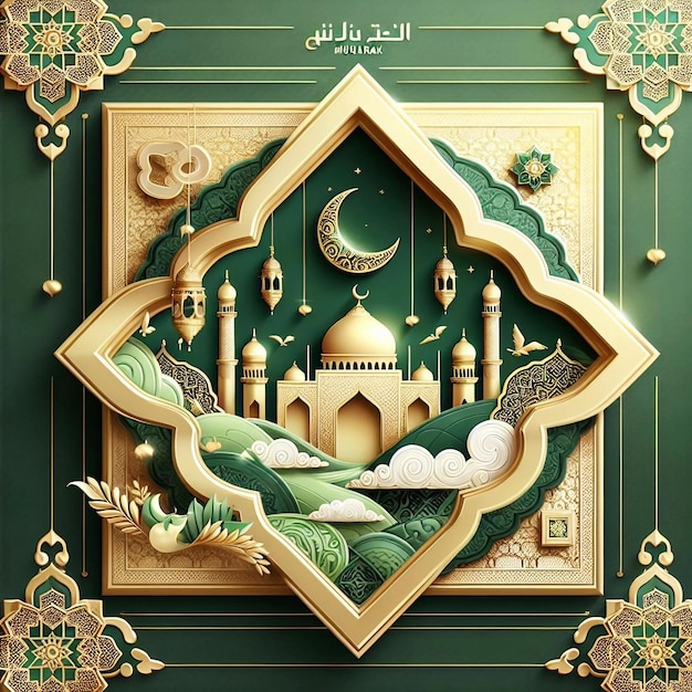 Eid Mubarak di colore verde e oro con un concetto di sfondo superiore dorato della moschea Ai generativo