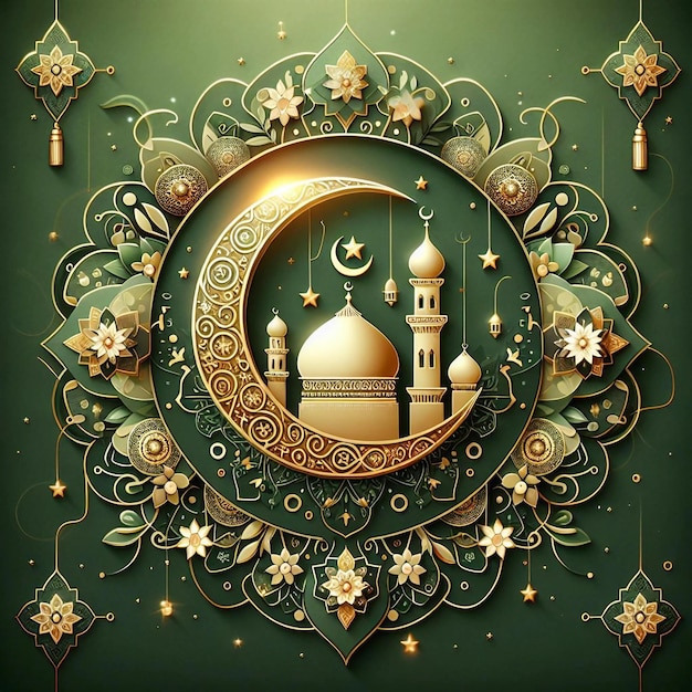 Eid Mubarak di colore verde e oro con un concetto di sfondo superiore dorato della moschea Ai generativo