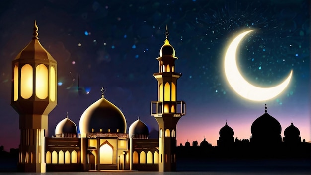 Eid Mubarak di Eid al fitr lanterna 3D e moschea con luna 3D con notte bellissimo sfondo