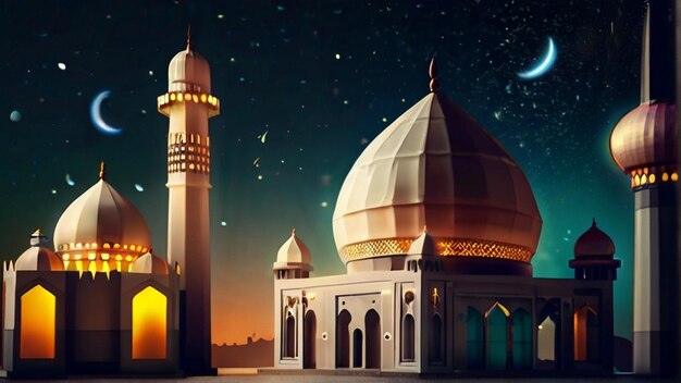 Eid Mubarak di Eid al fitr lanterna 3D e moschea con luna 3D con notte bellissimo sfondo